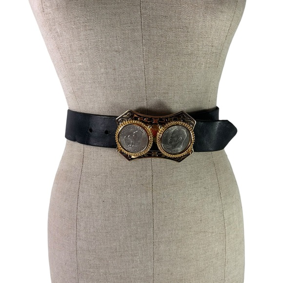 Vintage Eisenhower one dollar double buckle black leather belt  size 36 - Picture 10 of 10